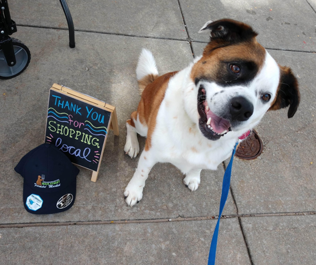 A dog sitting next to a sign saying "thank you for shopping local"