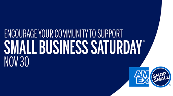 Graphic with navy blue and white background with AmEx Shop Small logo in bottom right corner, with text reading, "Encourage Your Community to Support Small Business Saturday Nov 30"