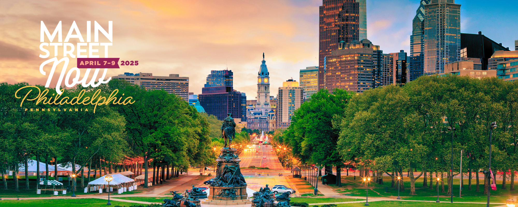 Philadelphia Downtown skyline at sunset with the Main Street Now 2025 logo in the upper left corner.