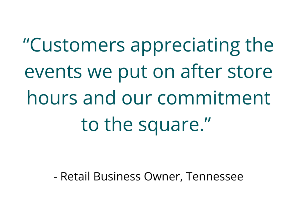 “Customers appreciating the events we put on after store hours and our commitment to the square.” - Retail Business Owner, Tennessee