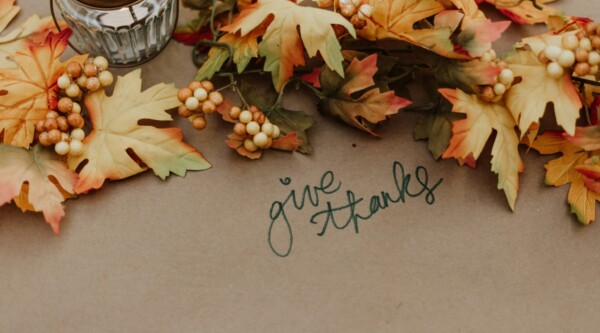 Fall leaves on a table with the words "give thanks"