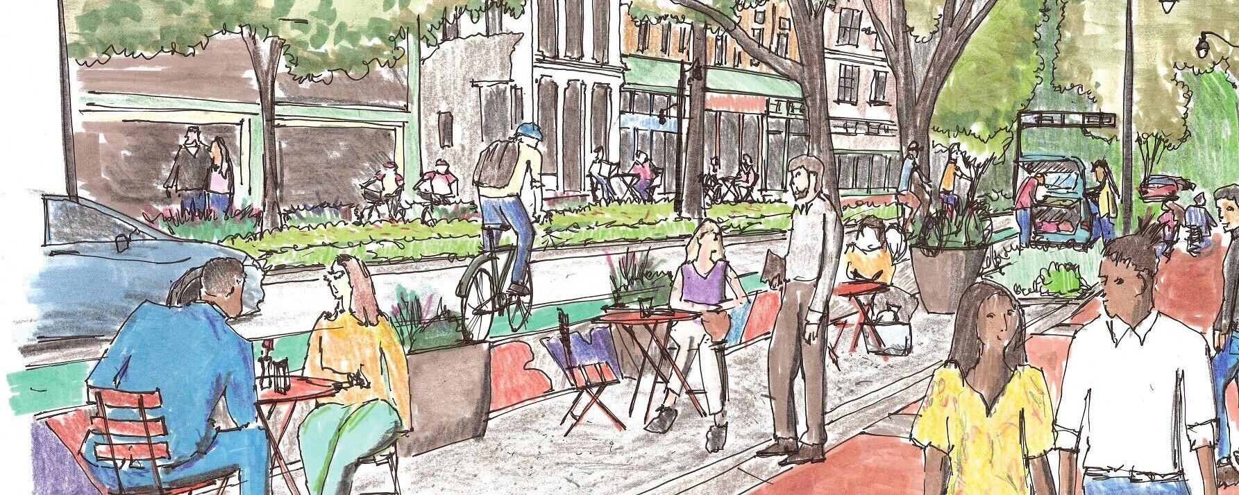 Illustration of a tree-lined street with people cycling, walking, and sitting at café tables.