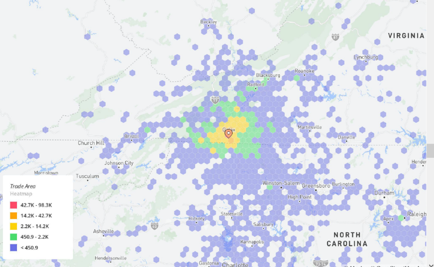 Screenshot from Placer.ai showing the trade area map for Galax drawing from larger metros farther away