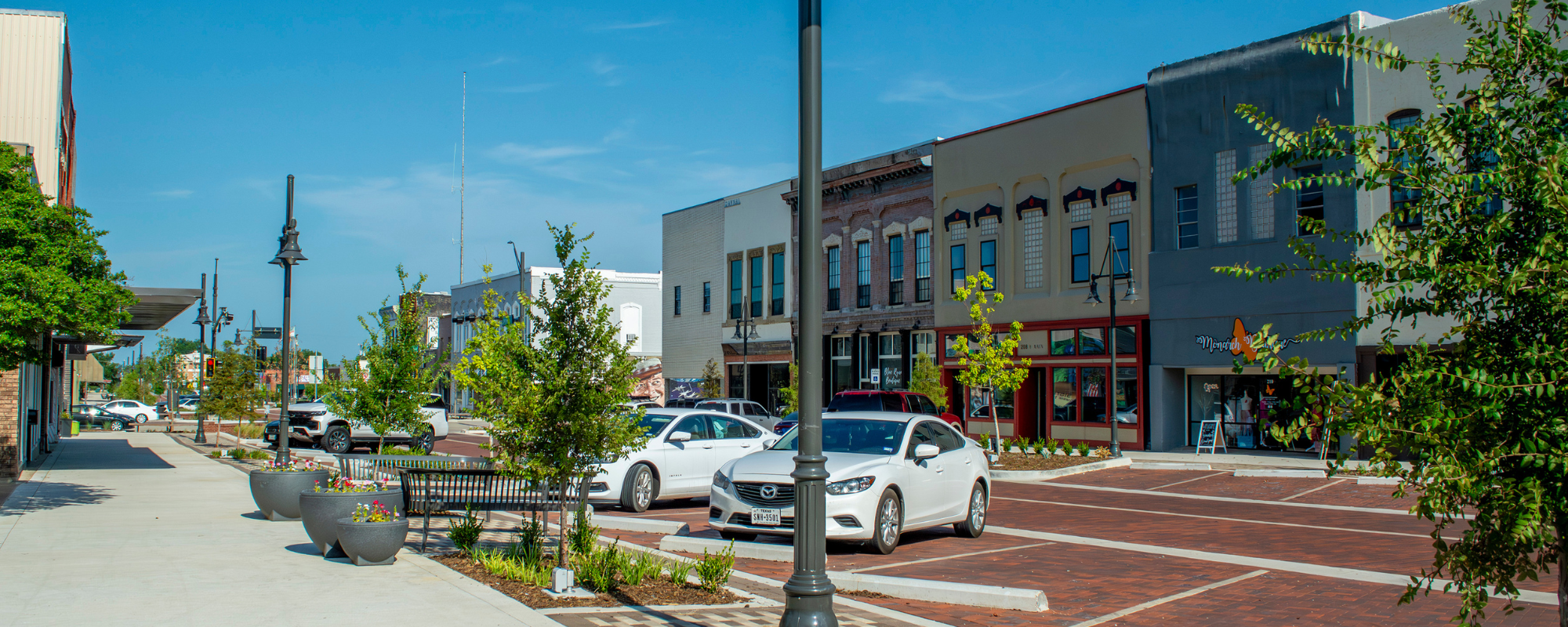 Downtown streetscape with trees, a brick road, and historic buildings