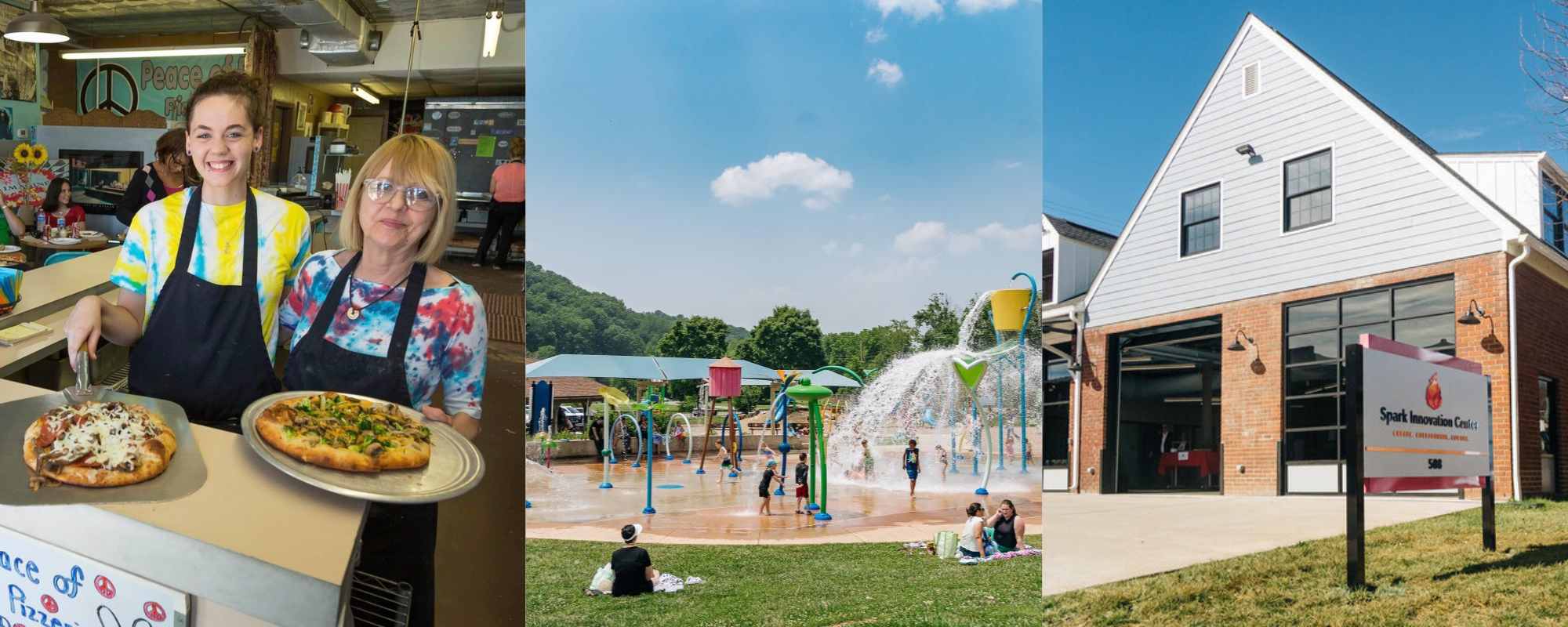 Two waitresses at a pizza restaurant pose with pizzas; children play at an outdoor splash pad framed by mountains; the facade of the Spark Innovation Center