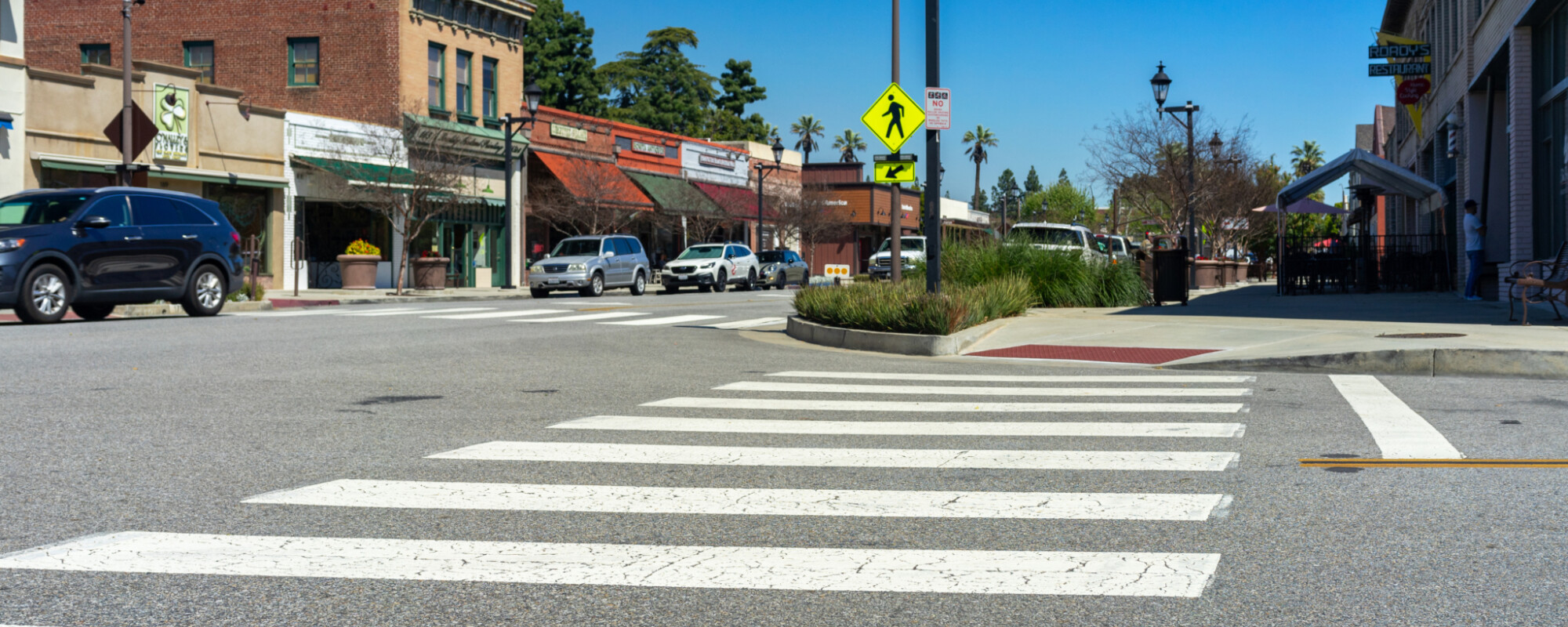 Downtown crosswalk with nearby historic buildings