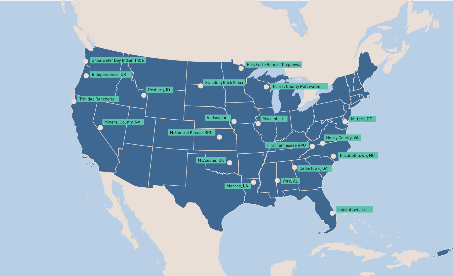 Map of United States with USDOT Thriving Communities sites marked.