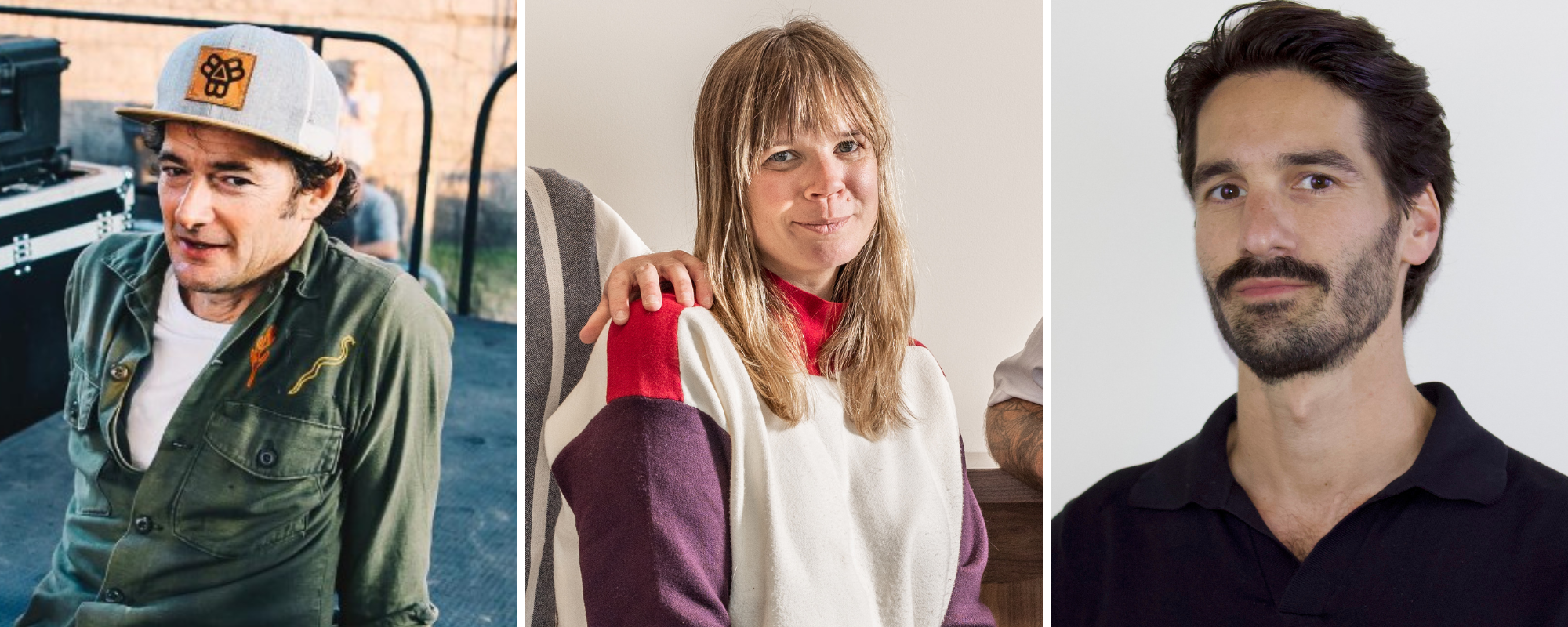 Set of three photos with headshots of (from left to right) a man with light brown hair wearing a hat leaning back on his hands, a woman with blonde hair and a multi-colored sweater, a man with a beard wearing a black polo shirt.