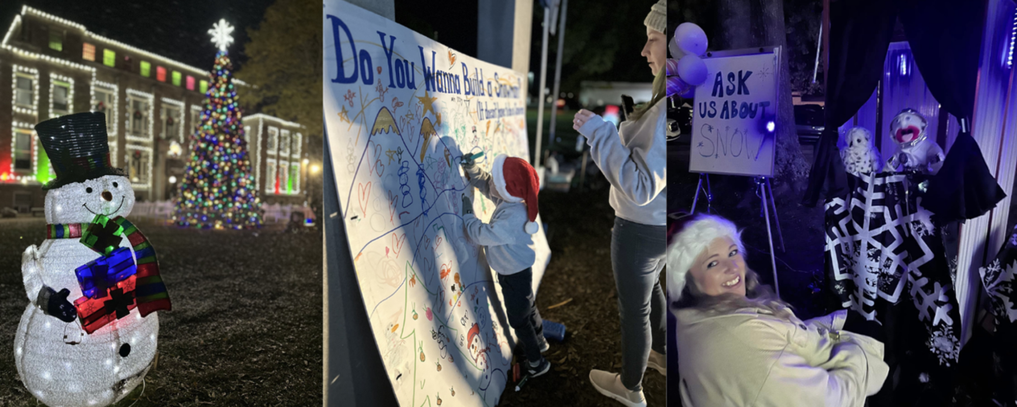 Photo 1: a light up snowman in front of a library
Photo 2: people add their thoughts to an interactive science poster
Photo 3: Volunteers pose at an informational desk