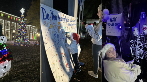 Photo 1: a light up snowman in front of a library
Photo 2: people add their thoughts to an interactive science poster
Photo 3: Volunteers pose at an informational desk