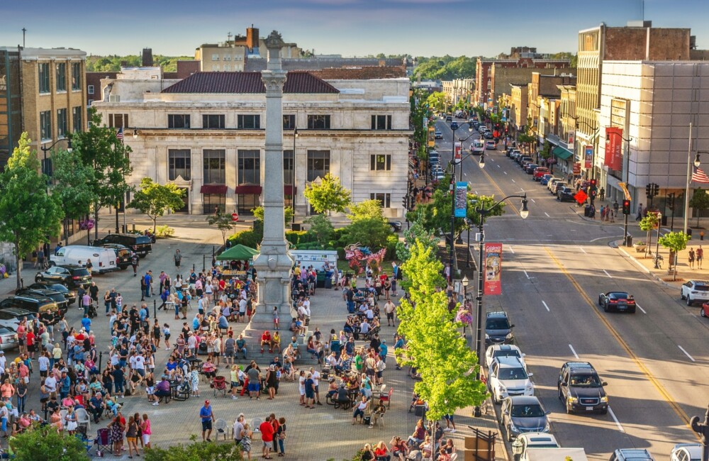 Vista aérea del centro de Racine, Wisconsin