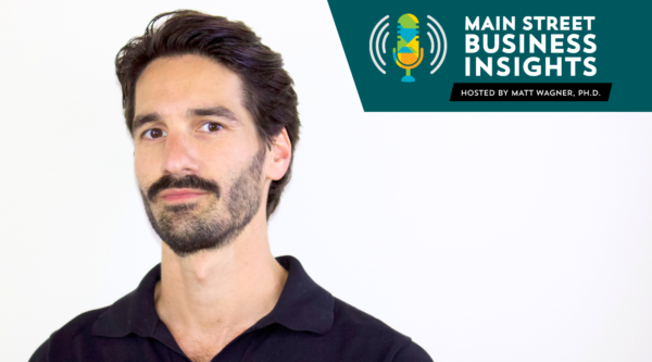 Headshot of man wearing black shirt next to Main Street Business Insights podcast logo.