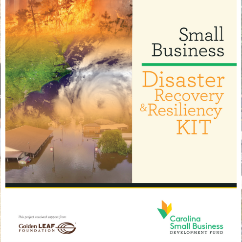 A photo of people building a wooden frame. The cover of the Small Business Disaster Recovery and Resiliency Kit. A woman and children walking down a sidewalk.