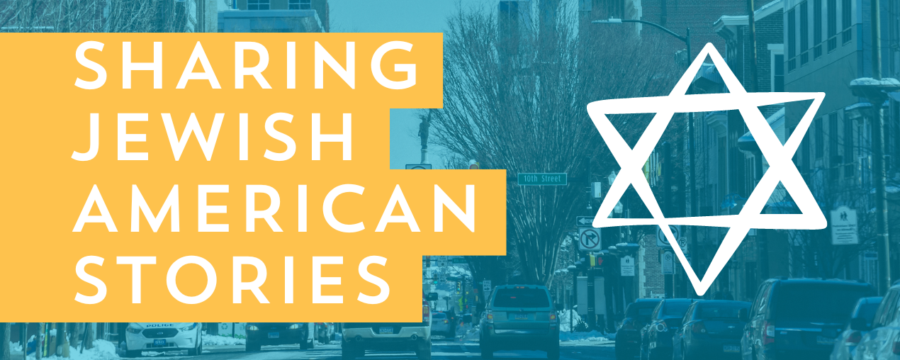 Photo of a downtown street overlaid with a blue transparency. Text reads "Sharing Jewish American Stories" alongside a white star of David.