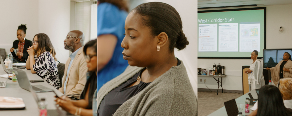 Collage of images of B3 team partners, stakeholders, and small businesses owners engaged in a workshop presentation
