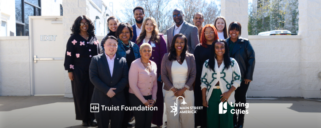 Group photo of the B3 team partners, stakeholders, and small business owners outside in Nashville, TN with logo overlays for Truist Foundation, Main Street America, and Living Cities.