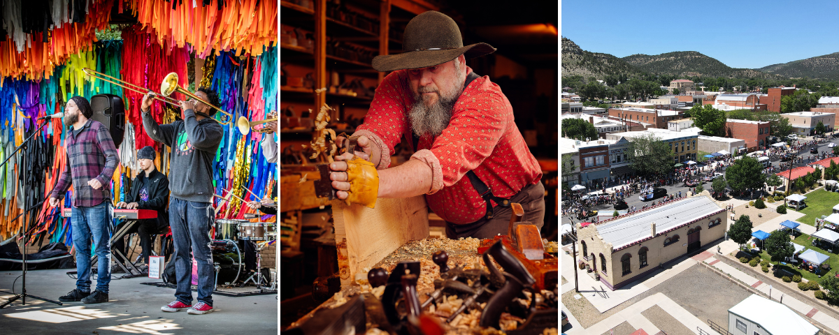 Three photos. On left, two musicians play on brightly decorated stage. In center, a man works with wood. On right, aerial photo of Downtown Raton, New Mexico.