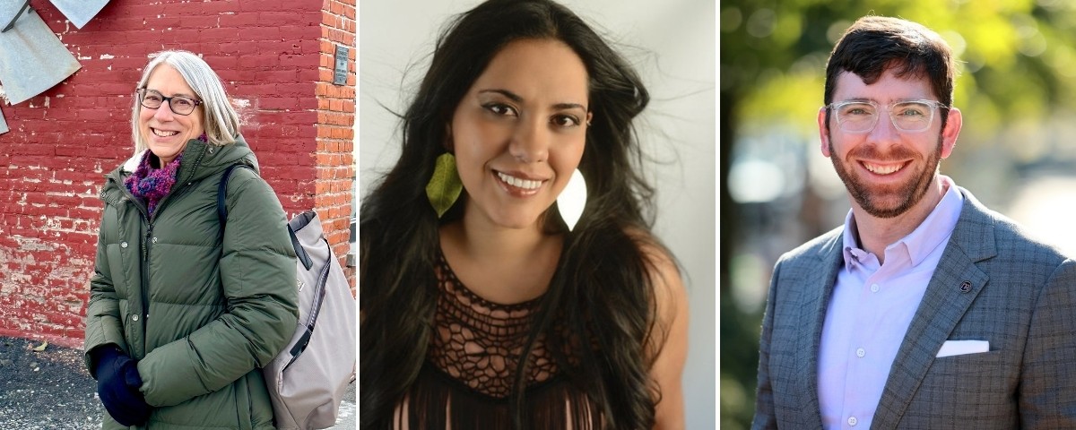 Triptych photo of headshots of two women and one man.