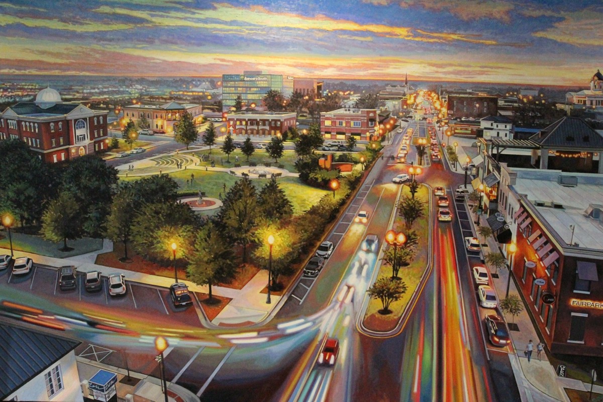 Artist rendering of an aerial view of a central park surrounded by historic buildings at sunset.