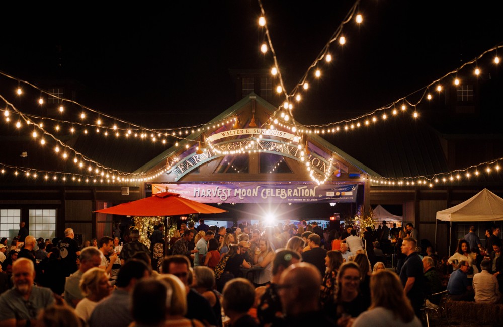 People gather under string lights at night next to an outdoor pavilion.