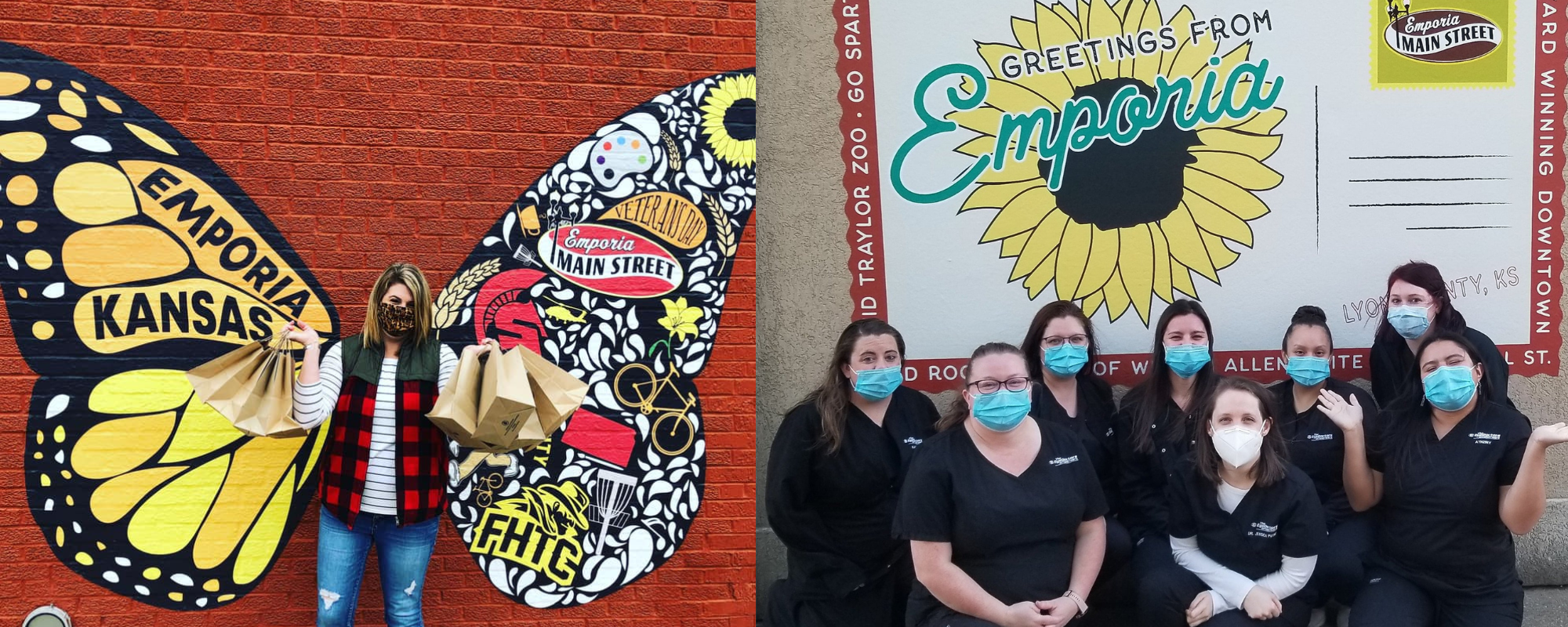 A woman wearing a mask and holding paper gift bags stands in front of a large butterfly mural (left) and health workers wearing black scrubs and face masks crouch in front of a mural resembling a postcard (right).