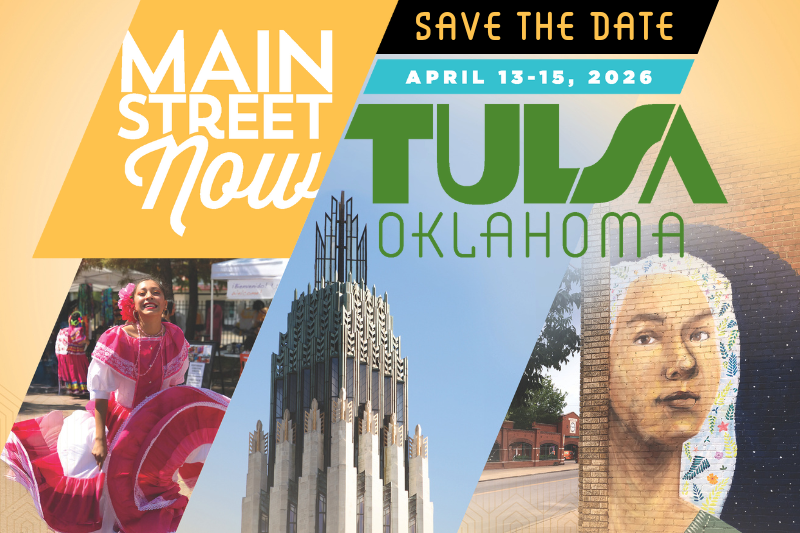 Graphic featuring three images (left-right: a female ballet folklorico dancer, the Boston Avenue Methodist Church, and a mural depicting a woman) on a light orange background with a black banner with yellow text reading "Save the Date" and the Main Street Now 2026 logo in the upper middle area.