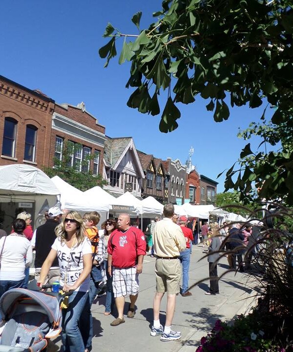 A woman pushing a stroller walks among a crowd at a downtown street festival