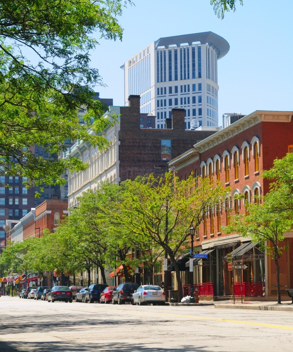 A tree-lined downtown street with red brick buildings