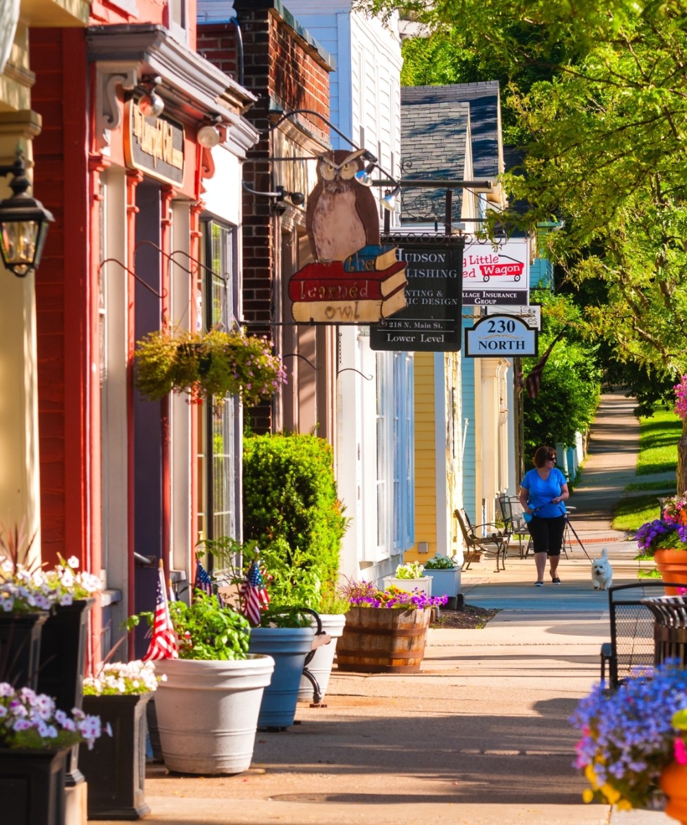 Quaint shops and businesses dating back more than a century line Hudson's Main Street looking north