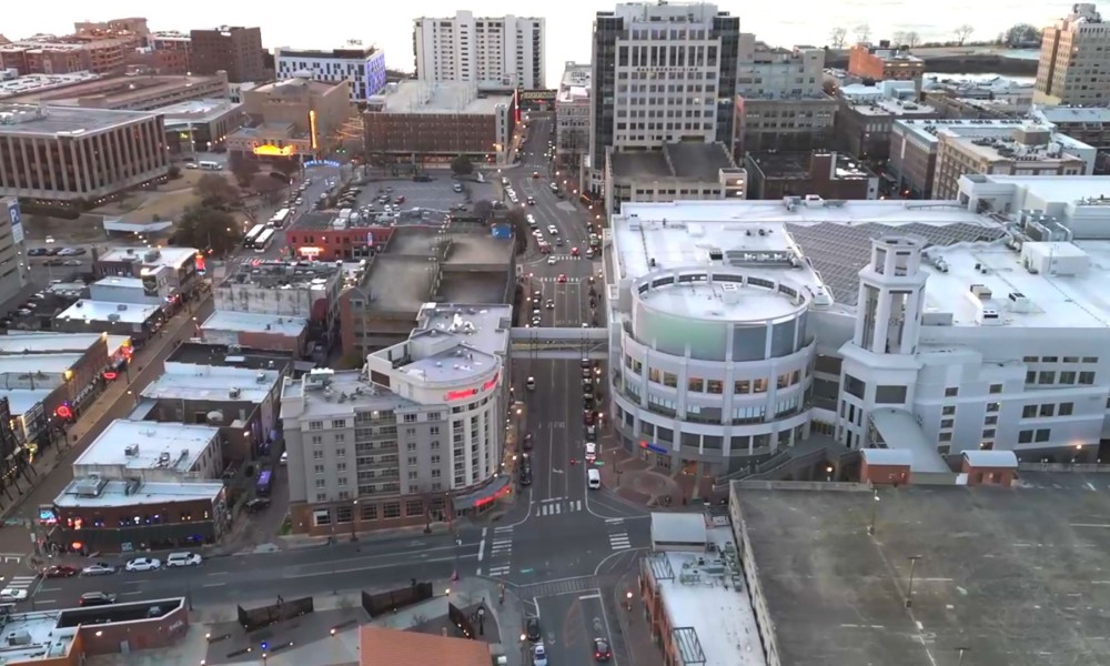 Ariel image of the city of Nashville, Tennessee with logo overlays for Truist Foundation, Main Street America, and Living Cities