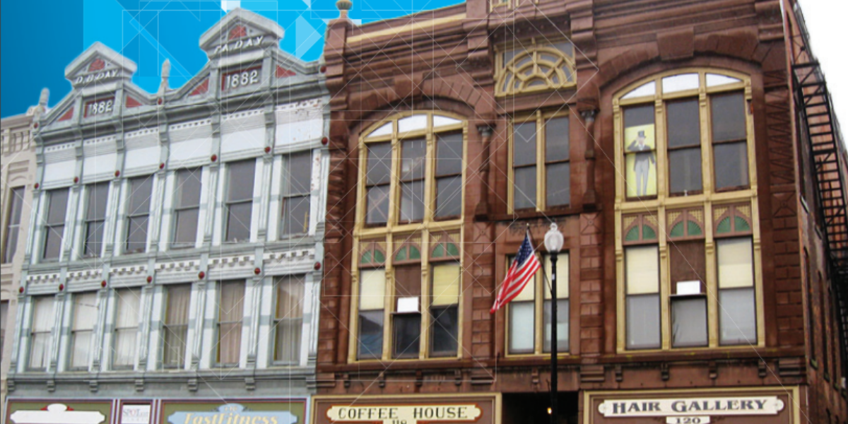 Historic buildings with a blue background