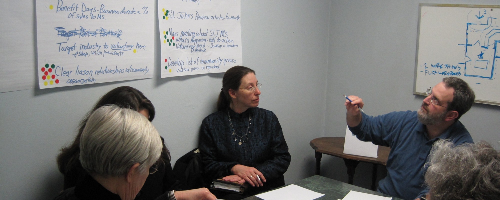 Work planning session in St Johns. Five people sit around a table looking at notes on the table and taped up on the wall.