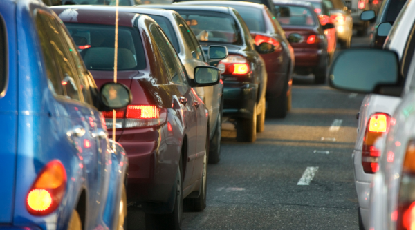 Two lines of cars on a busy street