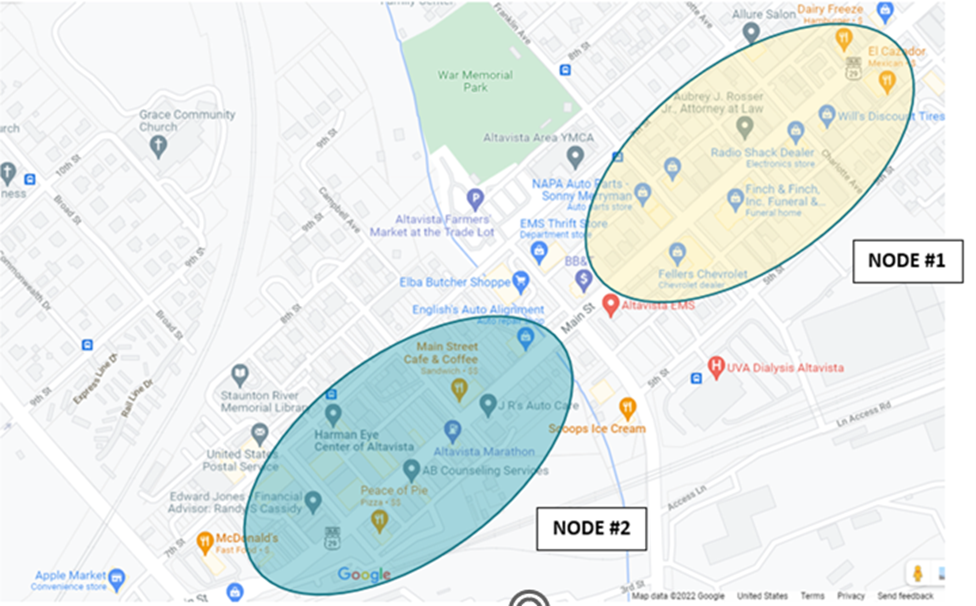 Screenshot from Google maps showing downtown Alta Vista, Virginia, with two circles indicating the two nodes of development in the downtown