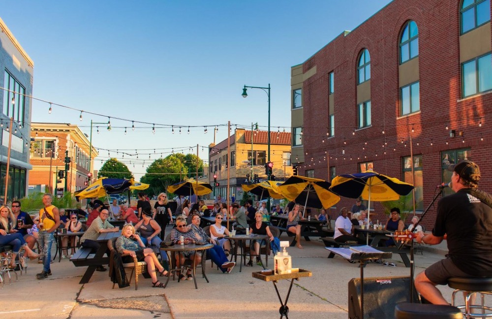 Outdoor seating area in historic downtown area.