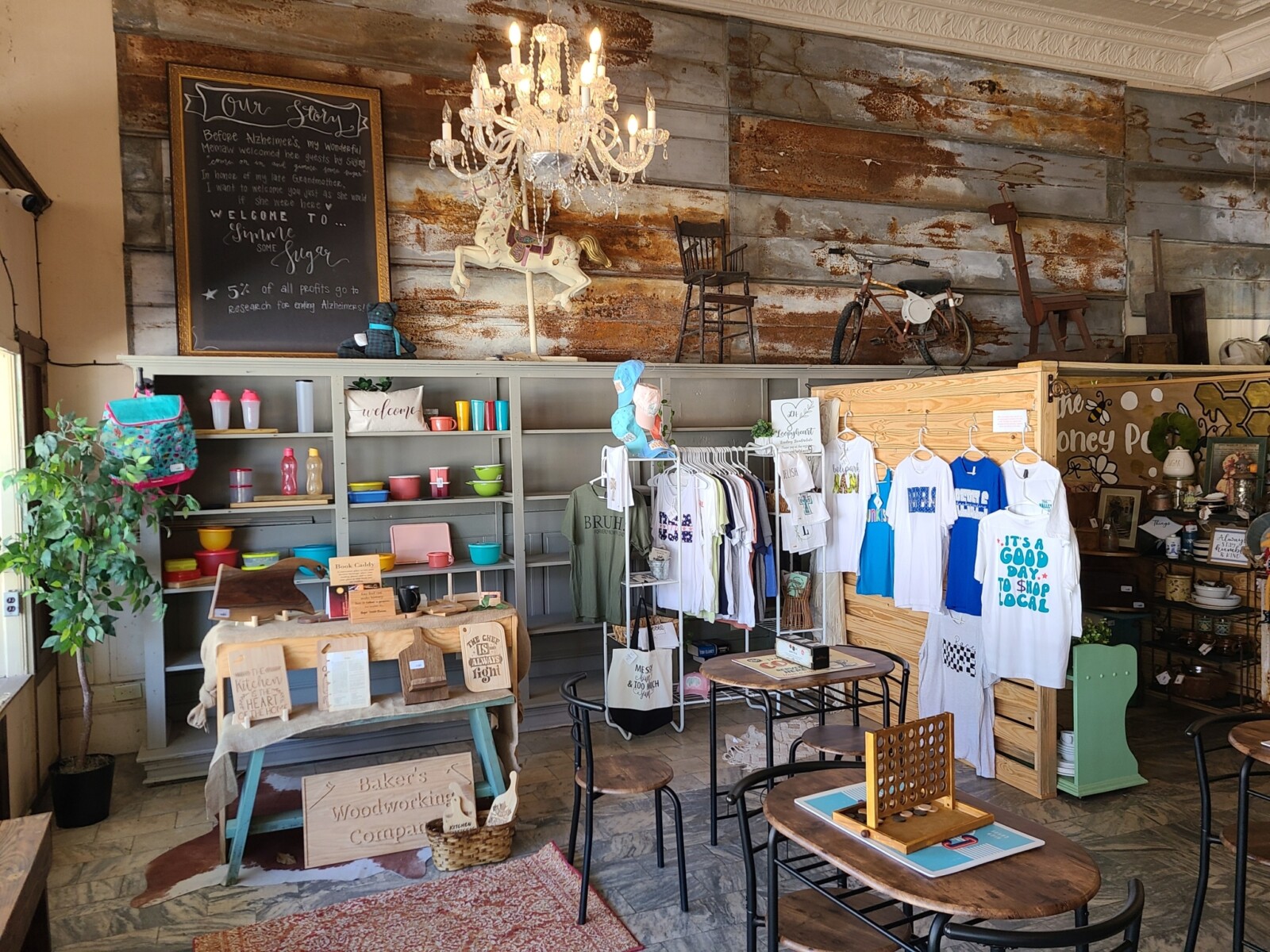 Small retail cubicles full of local goods in the corner of a coffee shop