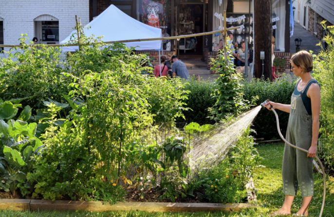 A woman sprays water on a community garden