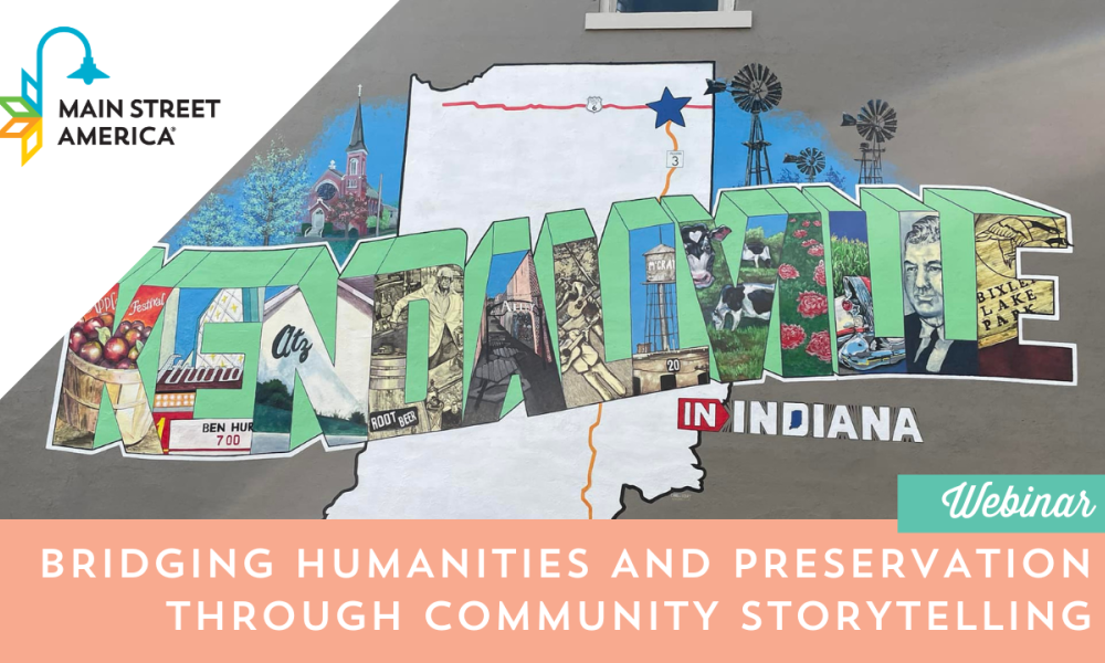 Photo of a mural showing the state of Indiana and the words "Kendallville In Indiana". In the corner in the MSA logo and at the bottom is text reading "Bridging Humanities and Preservation Through Community Storytelling"