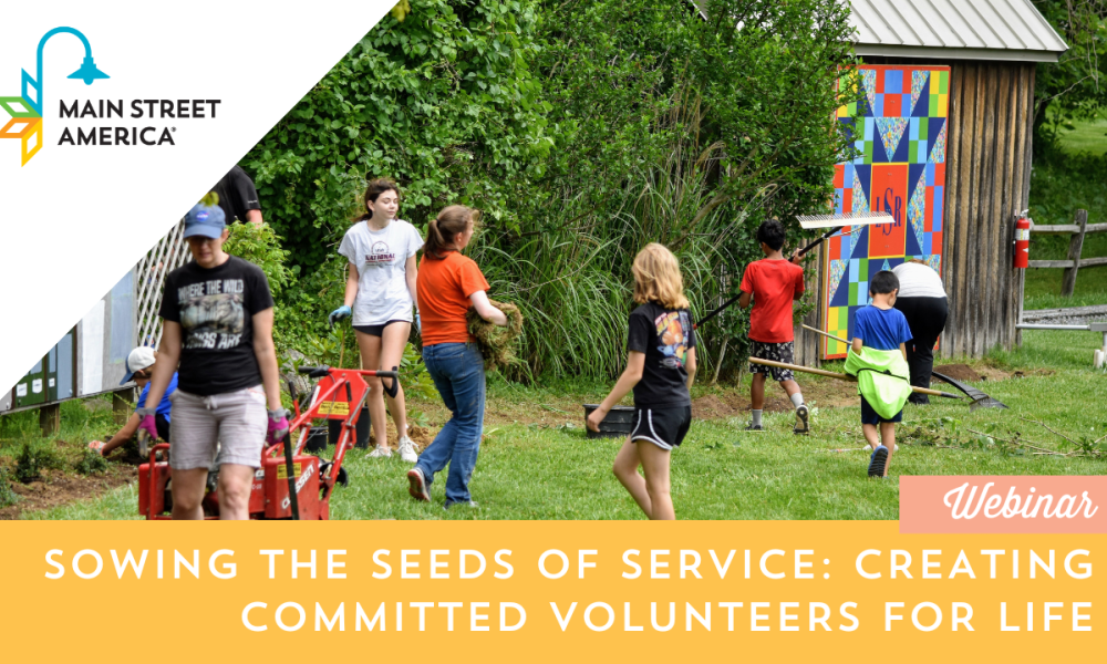 People working in a community garden. In the corner is the MSA logo. Text below reads "Webinar: sowing the seeds of service: creating committed volunteers for life."