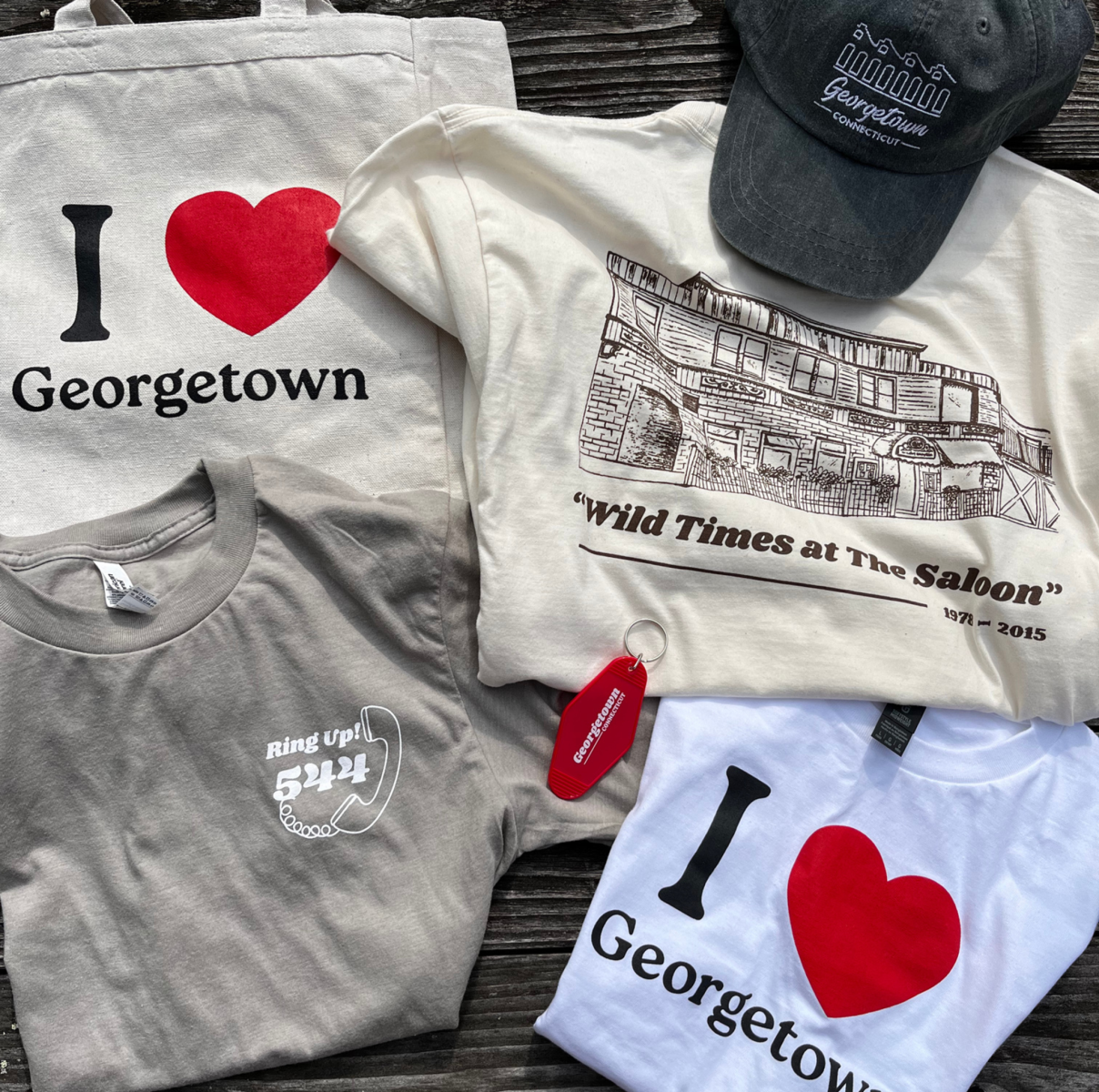 T shirts saying "I heart Georgetown" and featuring illustrations of downtown buildings