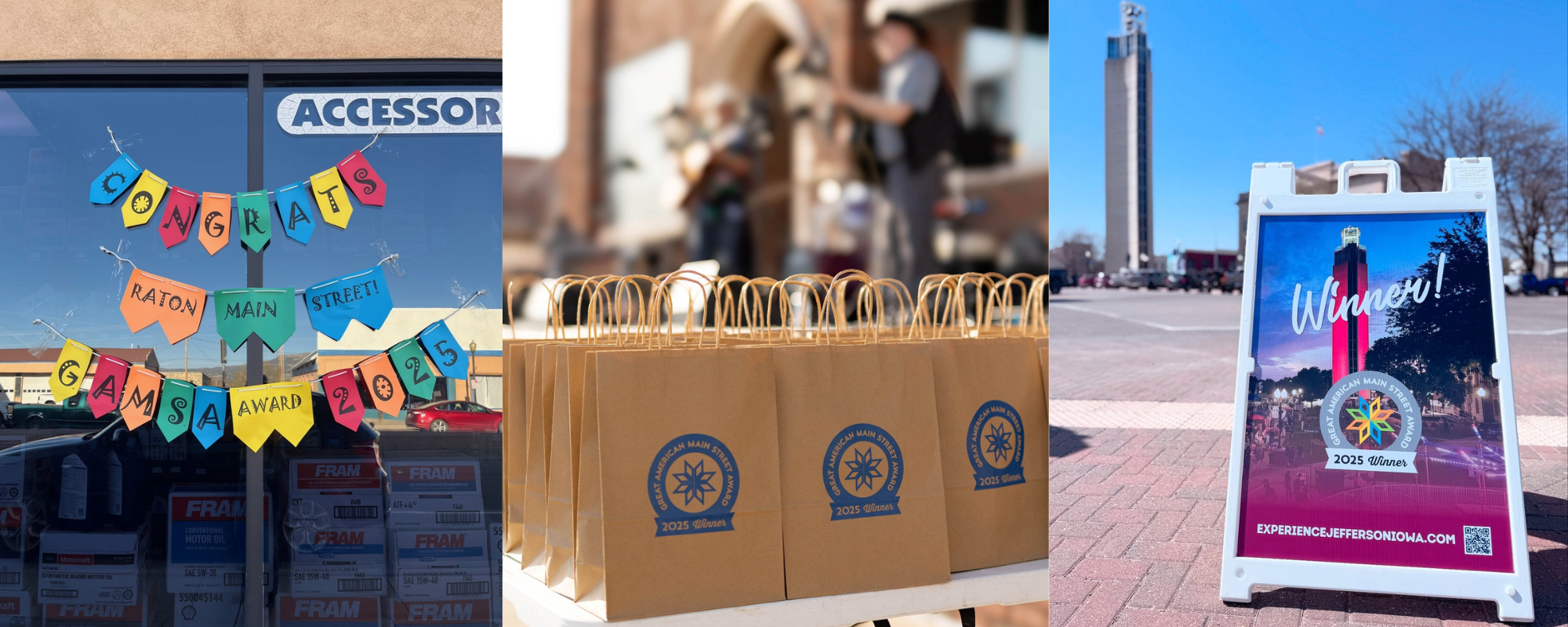 Photo collage. From left to right: banner congratulating Raton MainStreet on the award; gift bags with the GAMSA logo laid on a table; a sandwich board celebrating Jefferson Matters