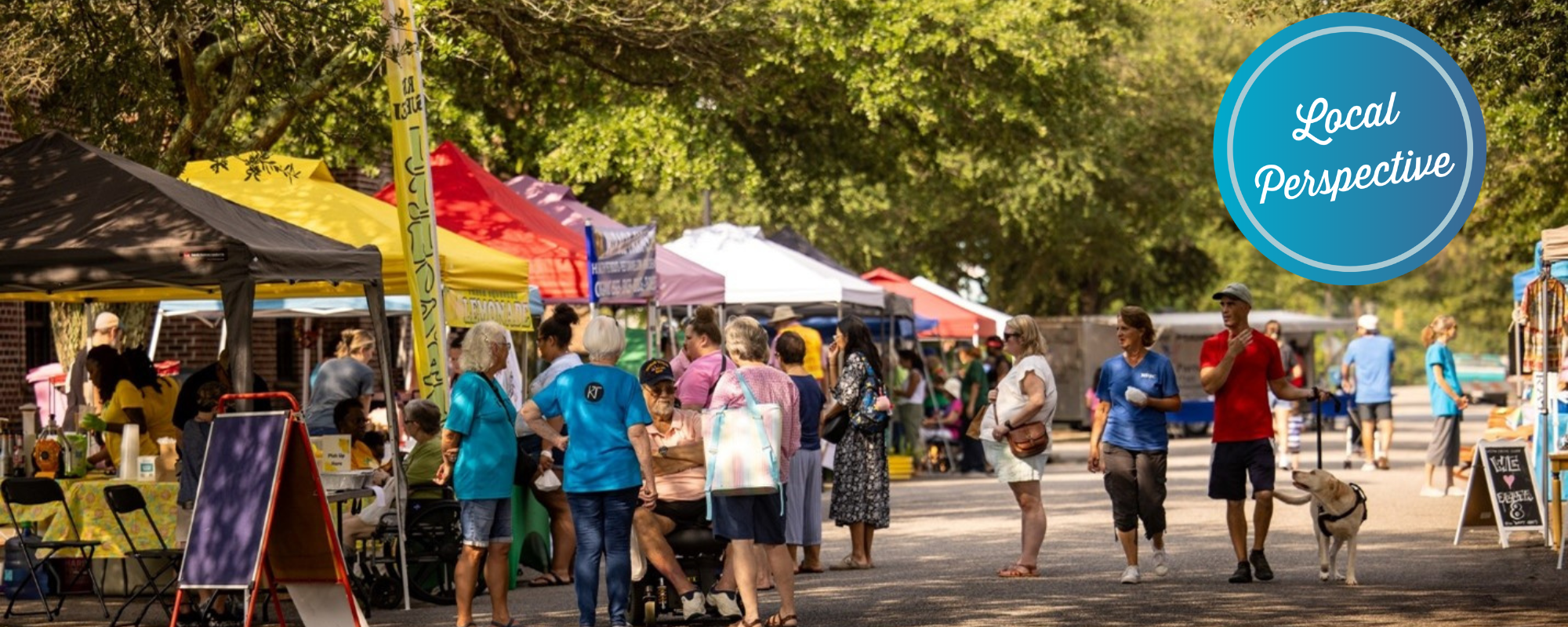 People shopping at farmer's market stalls along a sunny, tree-line street