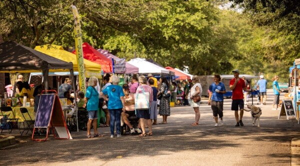People shopping at farmer's market stalls along a sunny, tree-line street