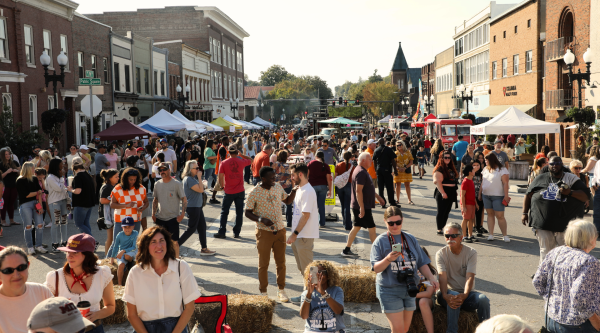 A large crowd of people at a downtown street fair on a sunny day