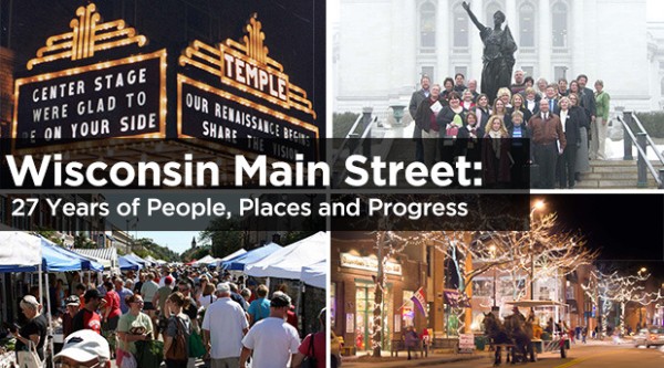 Grid of four photos. From top left to top right: Lit-up historic marquee, group of people posing in front of historic building. From bottom left to bottom right: Group of people walking through farmers market, downtown scene lit up with holiday lights