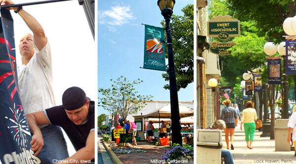 Set of three photos featuring street signs in downtowns.
