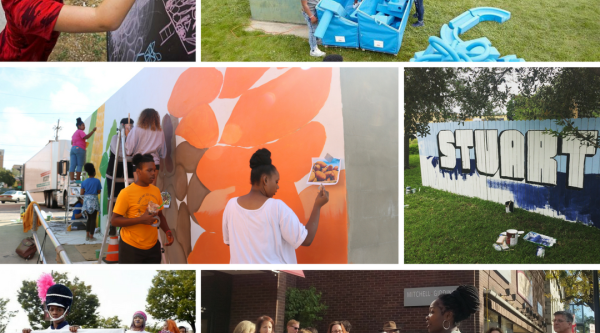 Collage of photos showing people gathering outdoors at events and festivals.