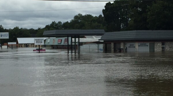 Flooded businesses in La Grange, Texas.