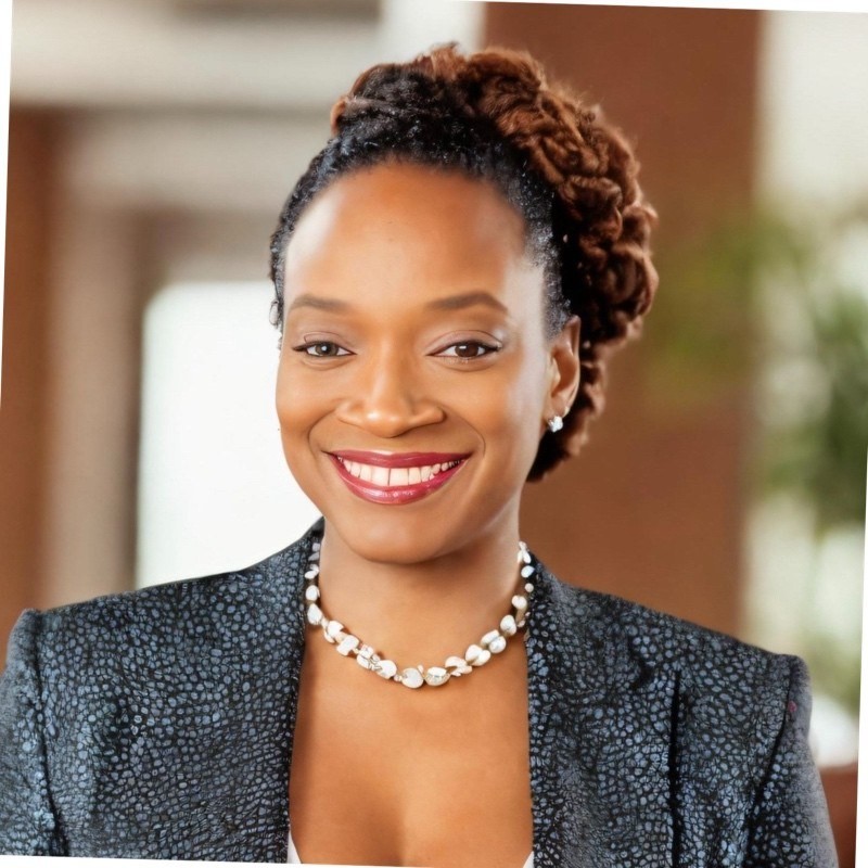 Professional woman smiling in office setting.