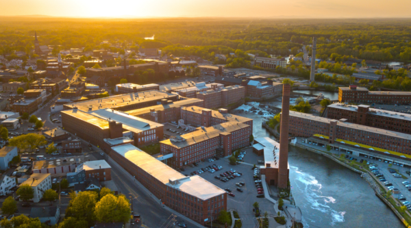 Ariel photograph of the downtown historic mill district in Biddeford, Maine